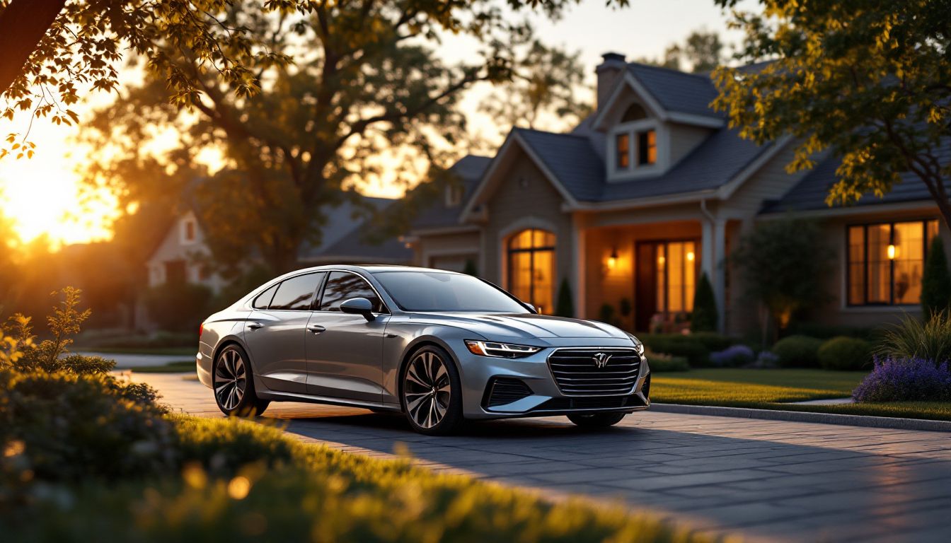 アメリカ郊外の住宅前に駐車された銀色のセダン