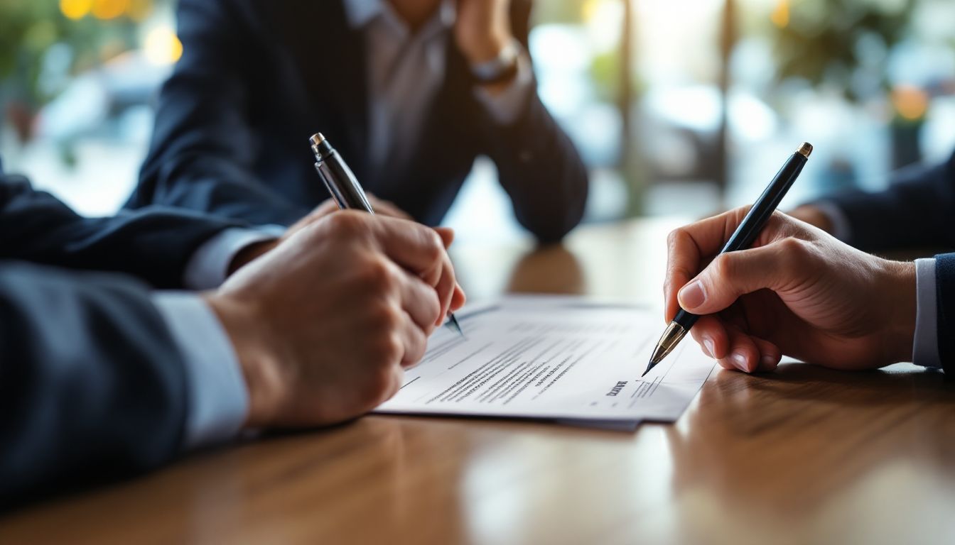 ディーラーのオフィスでカーリース契約書にサインする様子