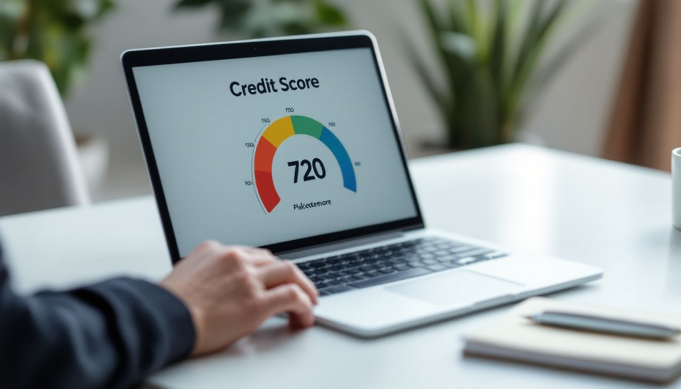 ラップトップ画面に表示されたクレジットスコア720のメーター