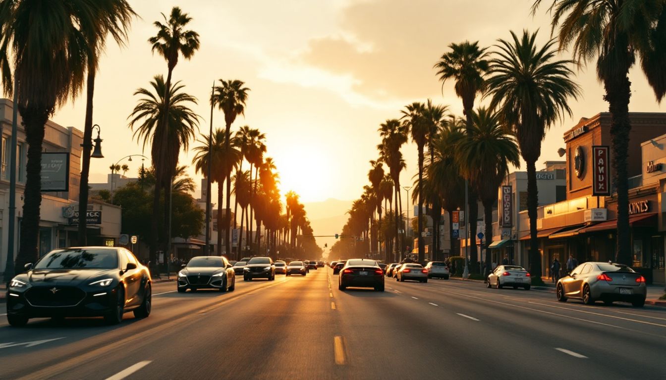 ロサンゼルスのヤシ並木通りを夕日に向かって走る車