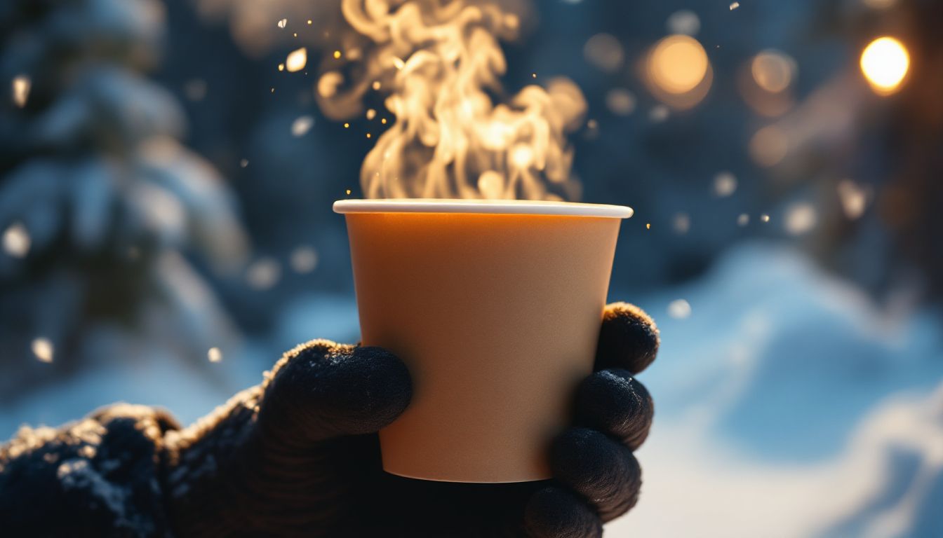 雪のなかで湯気を立てる温かいカップ麺