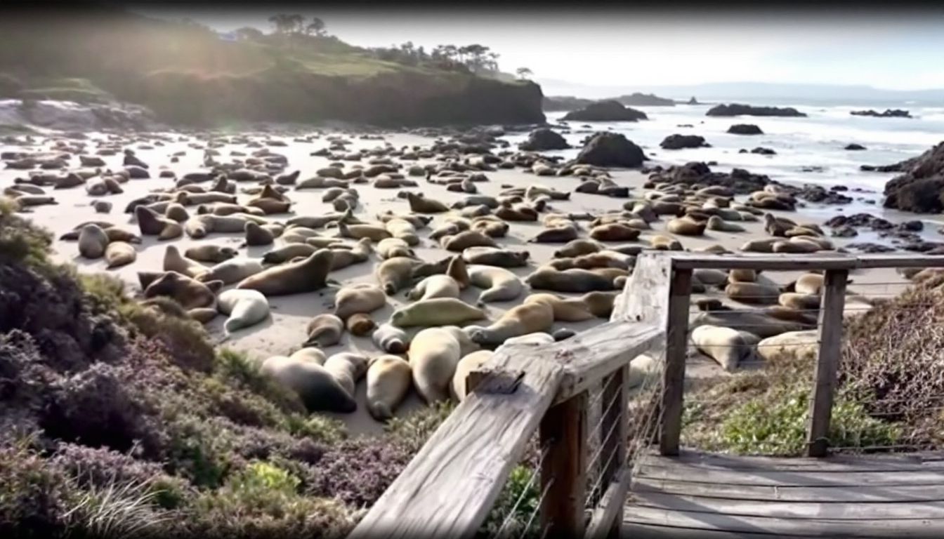 Elephant Seal Vista Pointのボードウォークから見たキタゾウアザラシの群れと海