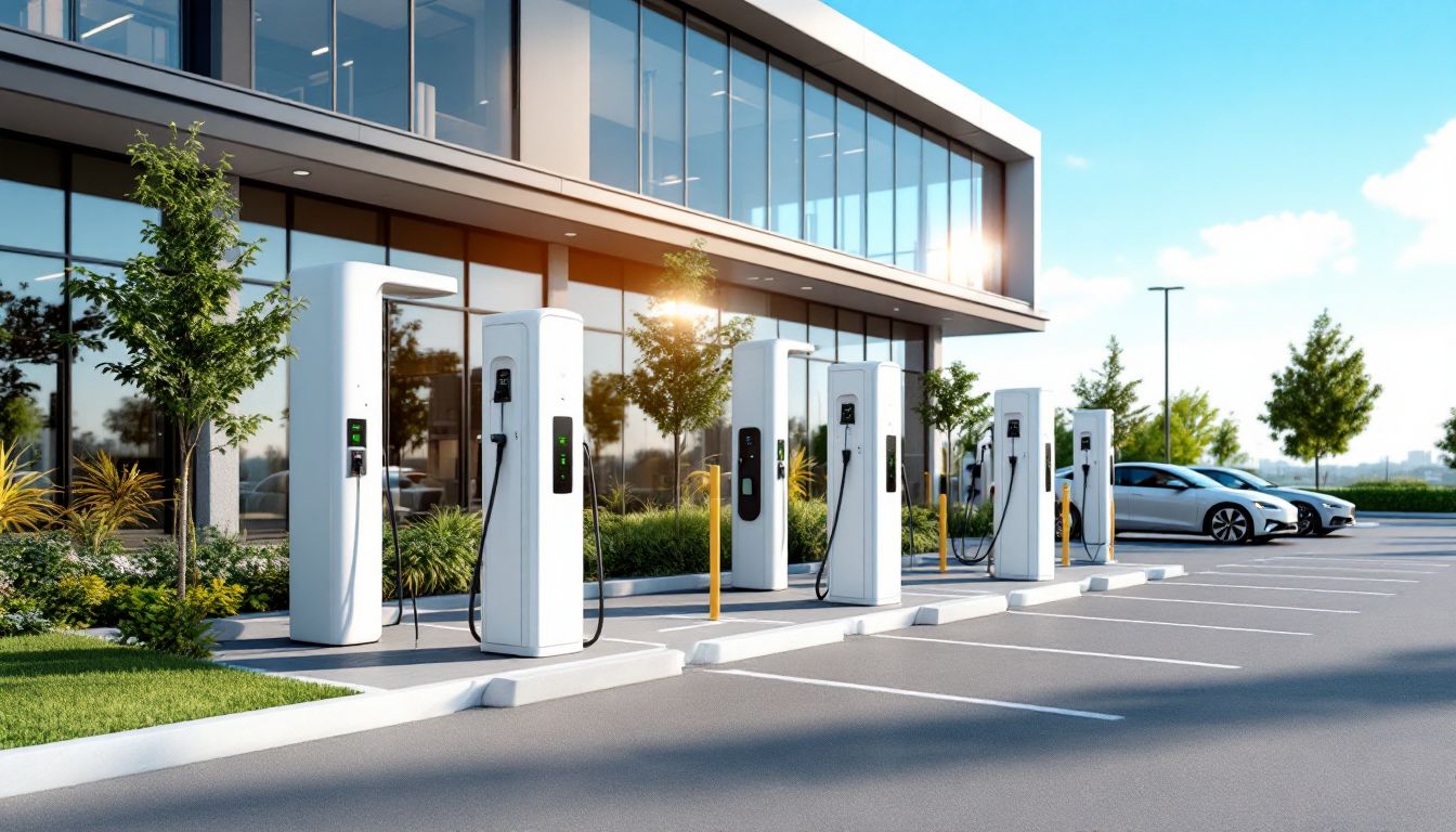 商業施設の駐車場に並ぶEV急速充電器