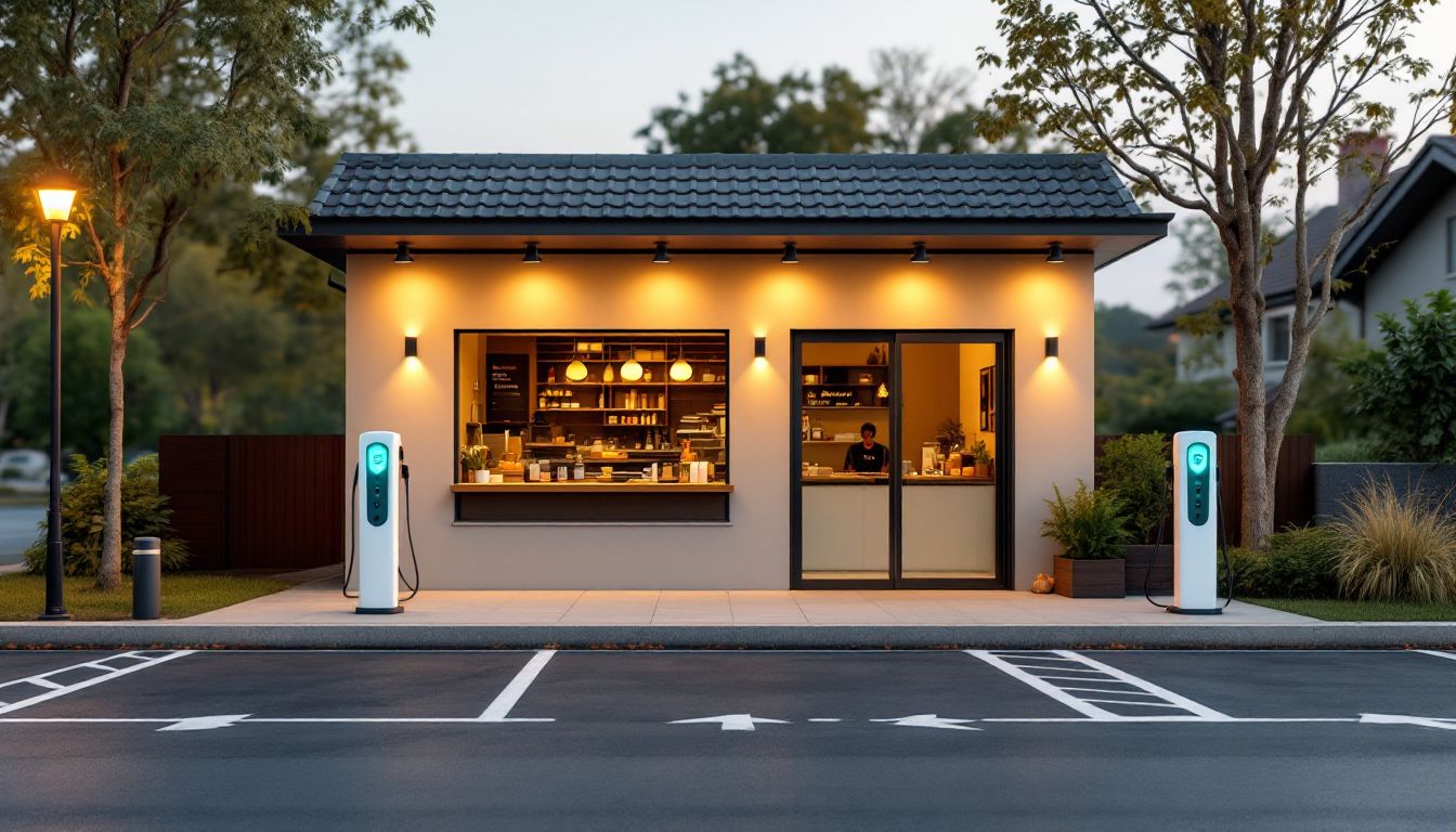 充電設備を備えた小さな店舗と駐車場