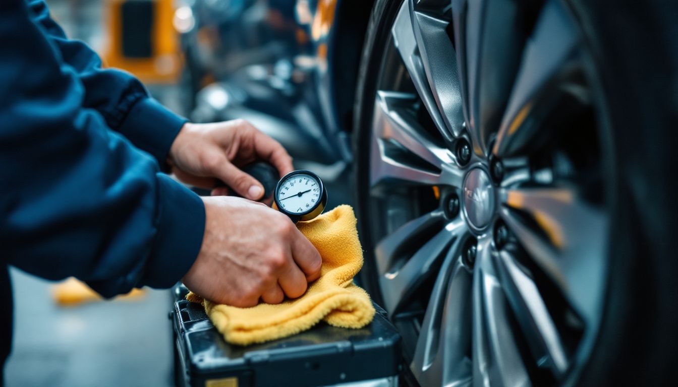 車のタイヤ空気圧をチェックする整備の様子