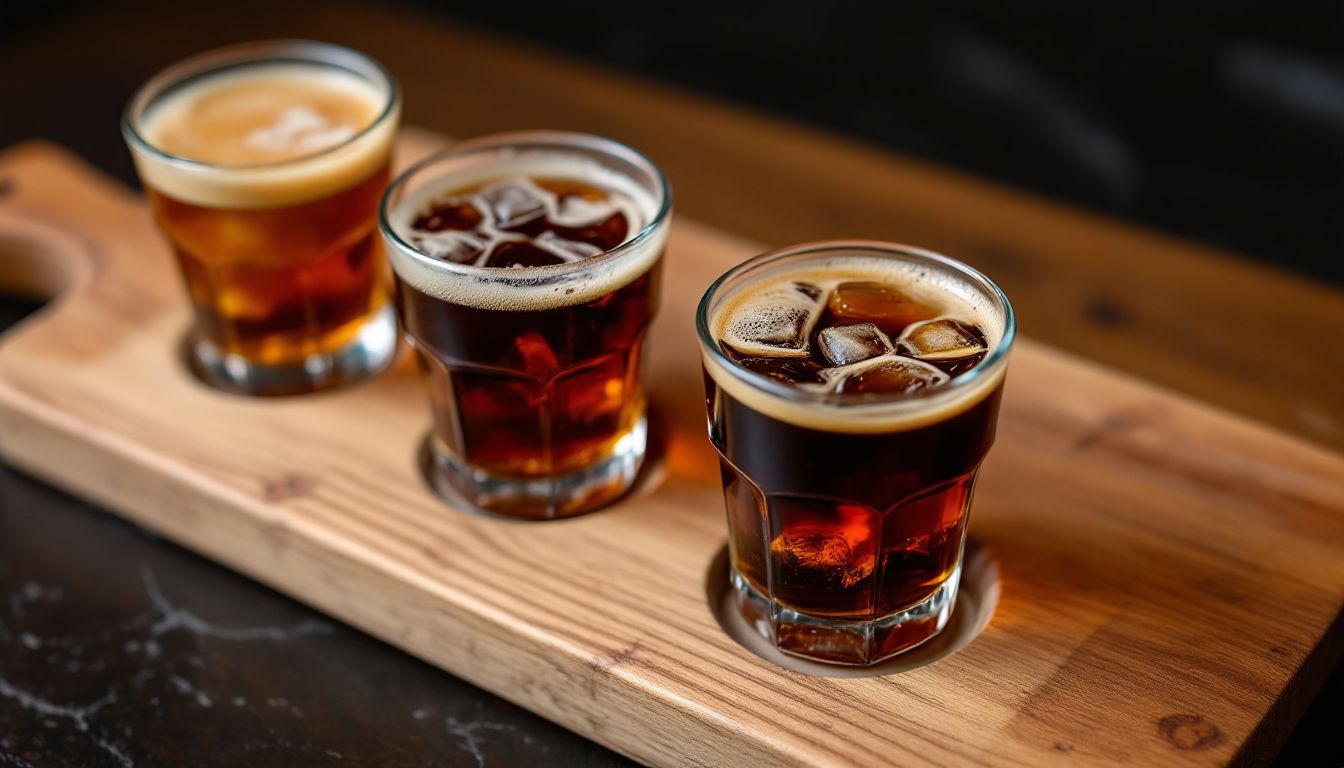木のボードに並んだコールドブリューの飲み比べフライト（イメージ）