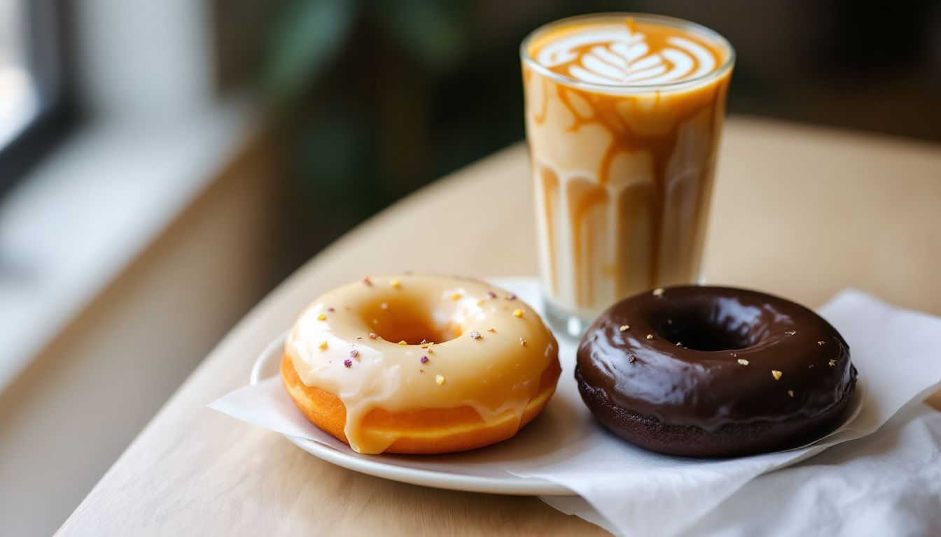 カフェのテーブルに並んだグレーズドドーナツとコーヒー（イメージ）