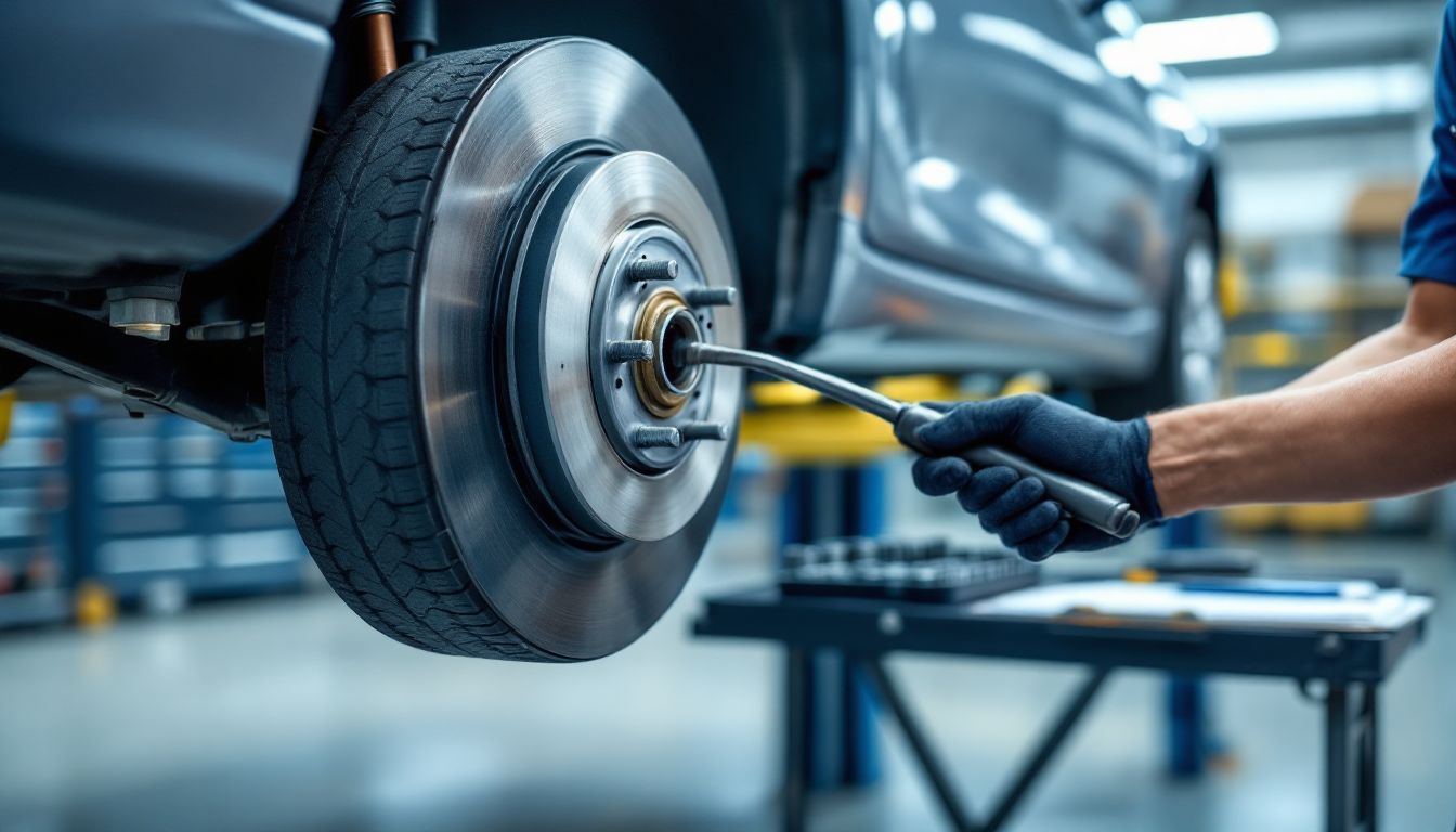 リフトに上げた車のブレーキと足回りを点検する整備士