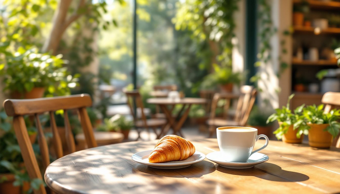 ベーカリーの裏庭パティオとコーヒー