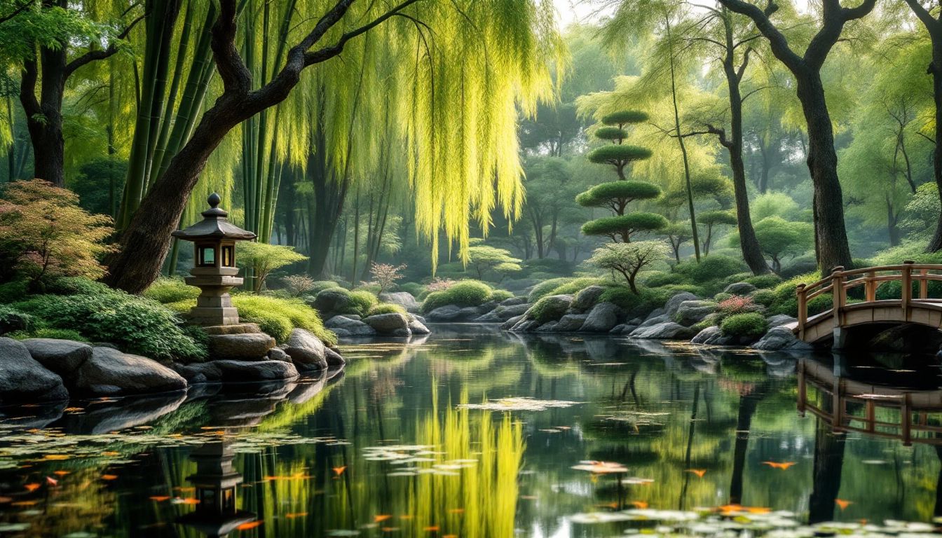 鯉の池と石灯籠のある日本庭園