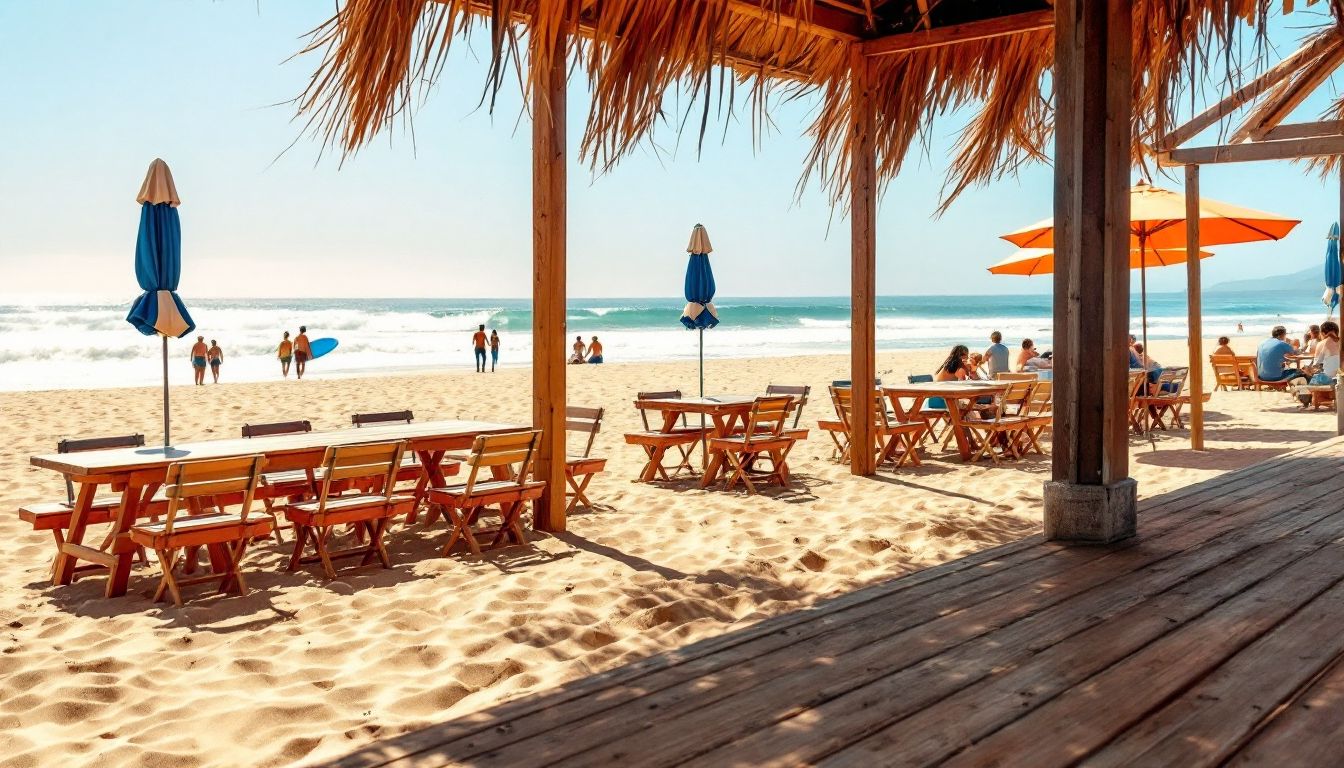 Leadbetter Beachの砂浜に置かれたテーブルと海