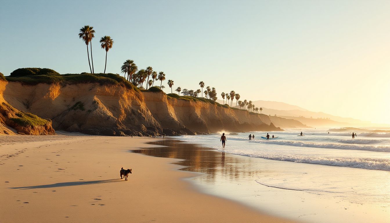 夕方のHendry's Beachの砂浜を歩く犬とサーファー