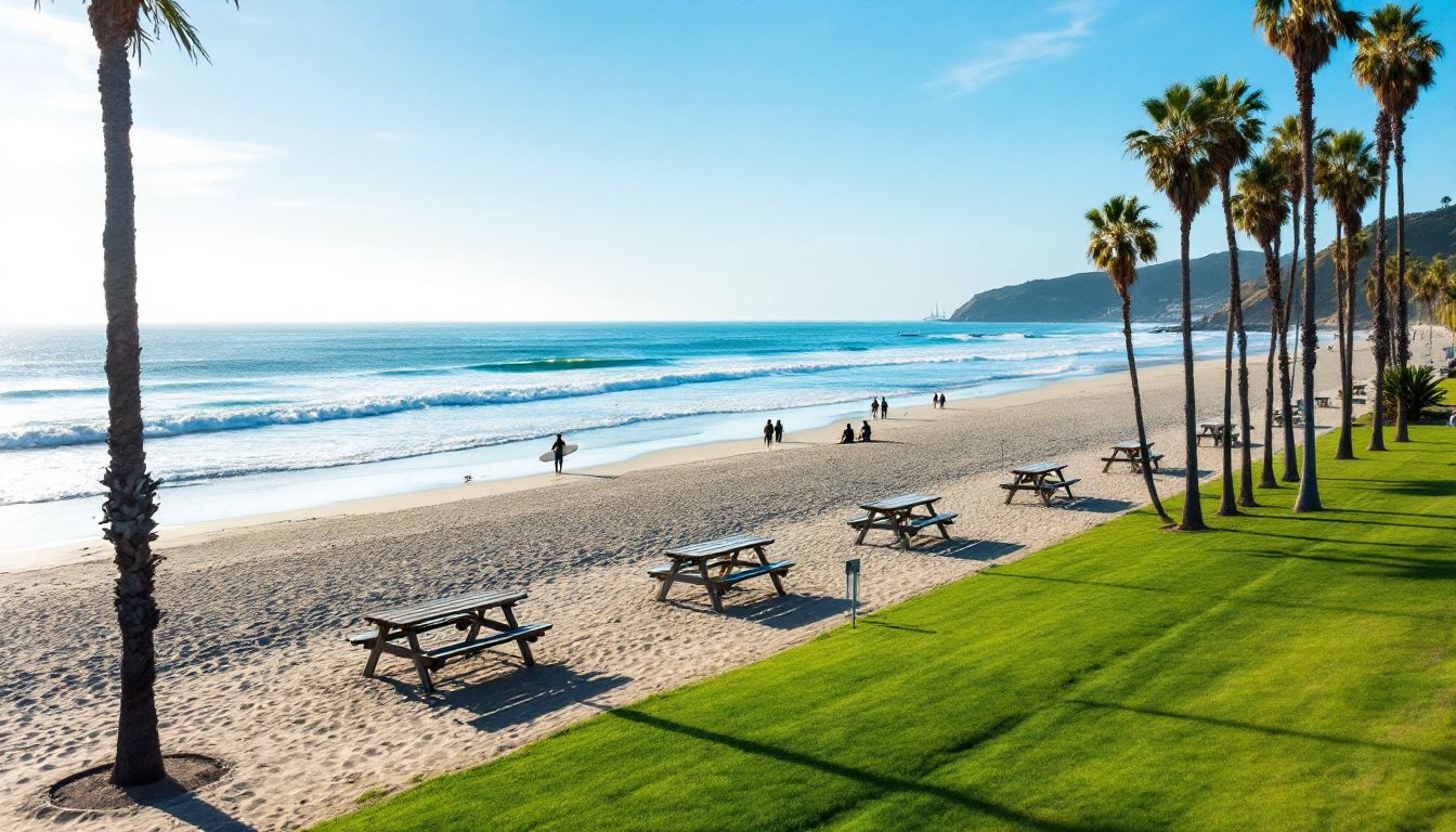 Leadbetter Beachの芝生とサーファー
